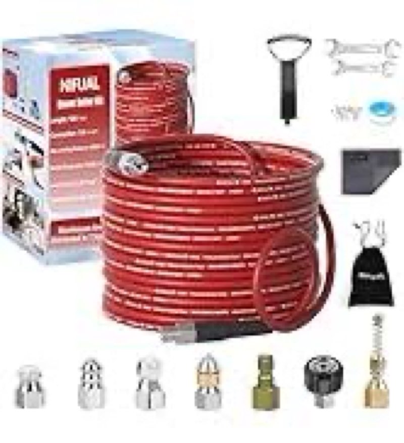 Sewer Jetter Kit for Pressure Washer, 100FT 5800 PSI Drain Cleaner Hose with 1/4" NPT Corner, Rotati