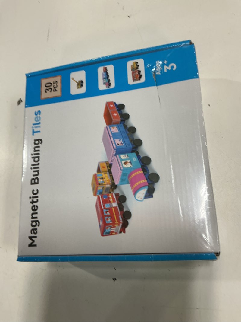 Condition photo showing New/Like New for magnetic tiles cars construction set for kids, 30pcs magnetic building tiles with 3 car bases & crane, train and truck magnet blocks stem toys for boys girls ages 3-8