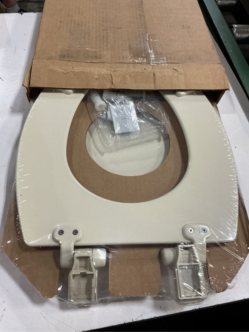 Condition photo showing New/Like New for mayfair cassel slow close toilet seat, easy clean, non slip premium wood seat, easy install, made in usa, elongated, bone seat elongated