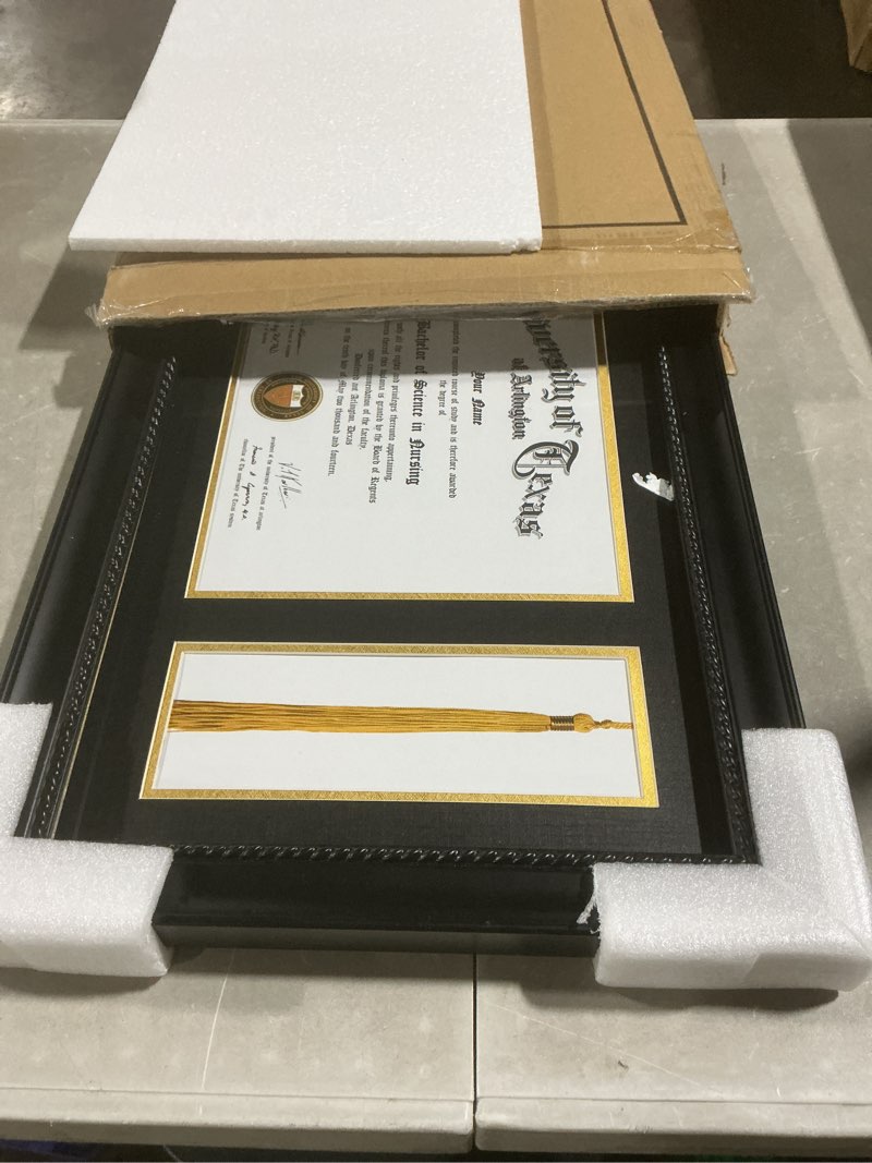 Condition photo showing As Is for gmframes solid wood diploma frame with tassel holder for 8.5x11 certificate,black finish with intricate black rope detail,uv protection acrylic black 11x17 for 8.5x11 with tassel