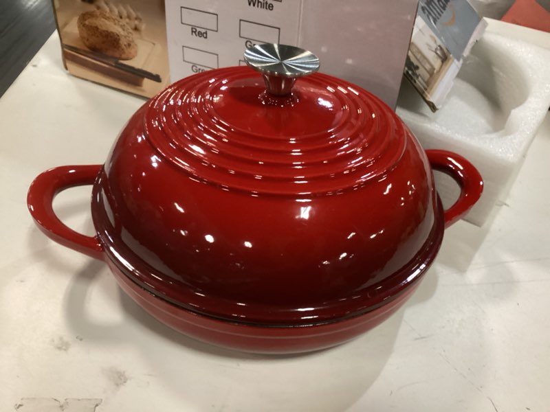 Condition photo showing New/Like New for E-far Dutch Oven for Sourdough Bread Baking, 6 Qt Round Enameled Cast Iron Dutch Oven for Homemade Artisan Bread, Dome Lid & Shallow Base, Matte Black Interior & Durable, Oven-Safe to 500?, Red