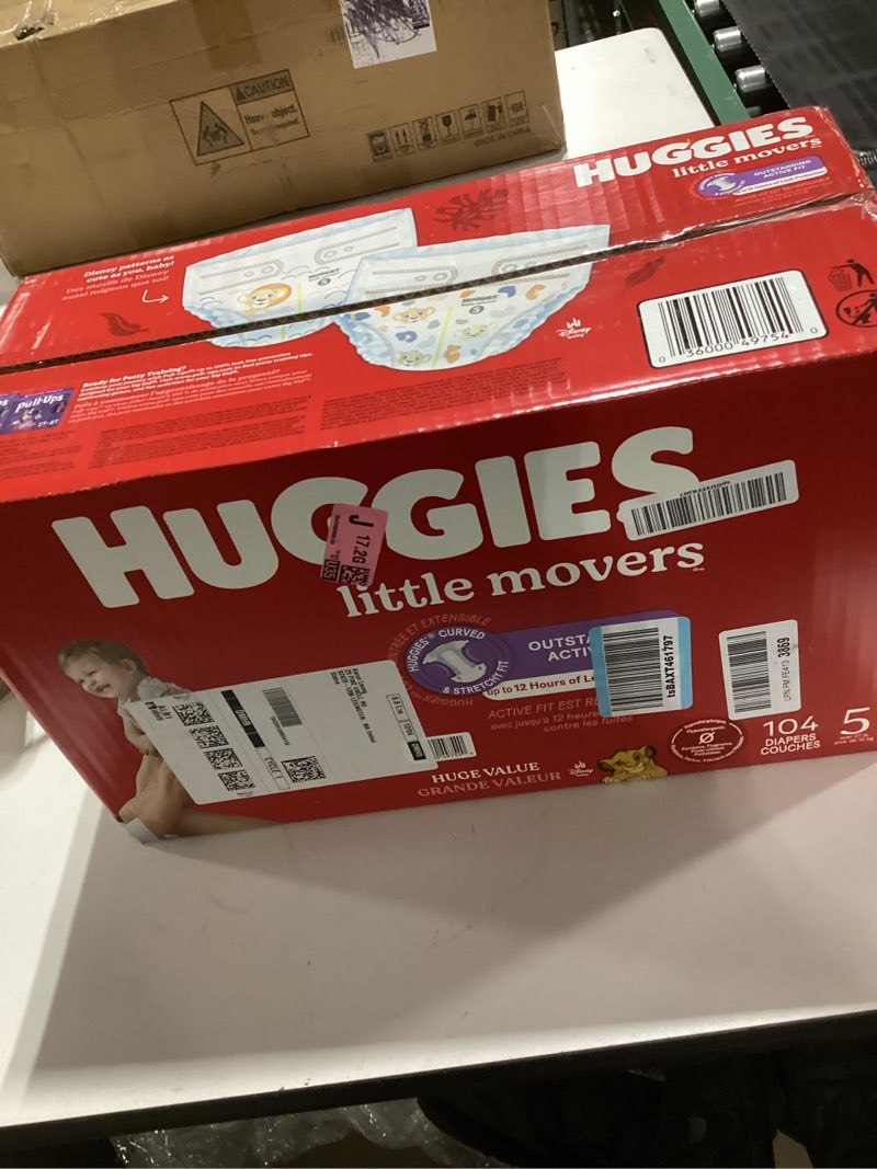 Condition photo showing New/Like New for Huggies Size 5 Diapers, Little Movers Baby Diapers, Size 5 (27+ lbs), 104 Count, Packaging May Vary Size 5 104
