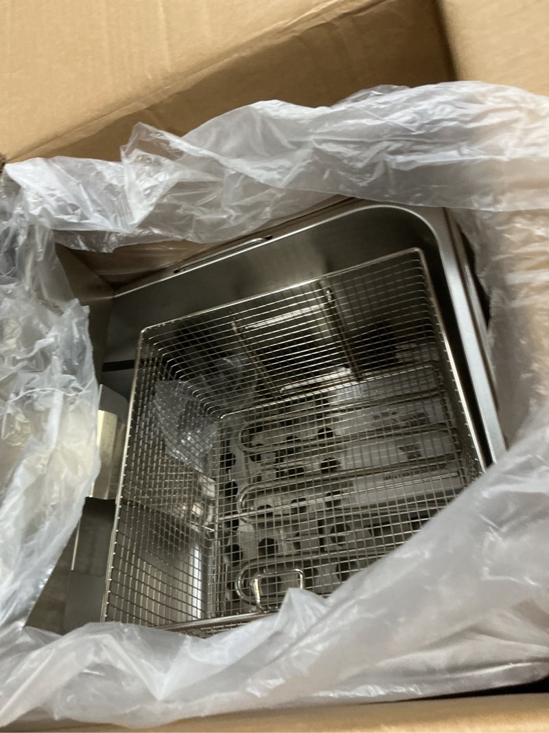 Condition photo showing As Is for deep fryer with basket, 1700w 19.7qt oil tank/ 8.8qt basket, 0.6mm thickened stainless steel countertop electric fryer for home and commercial use, oil fryer with double overheat protection 11l