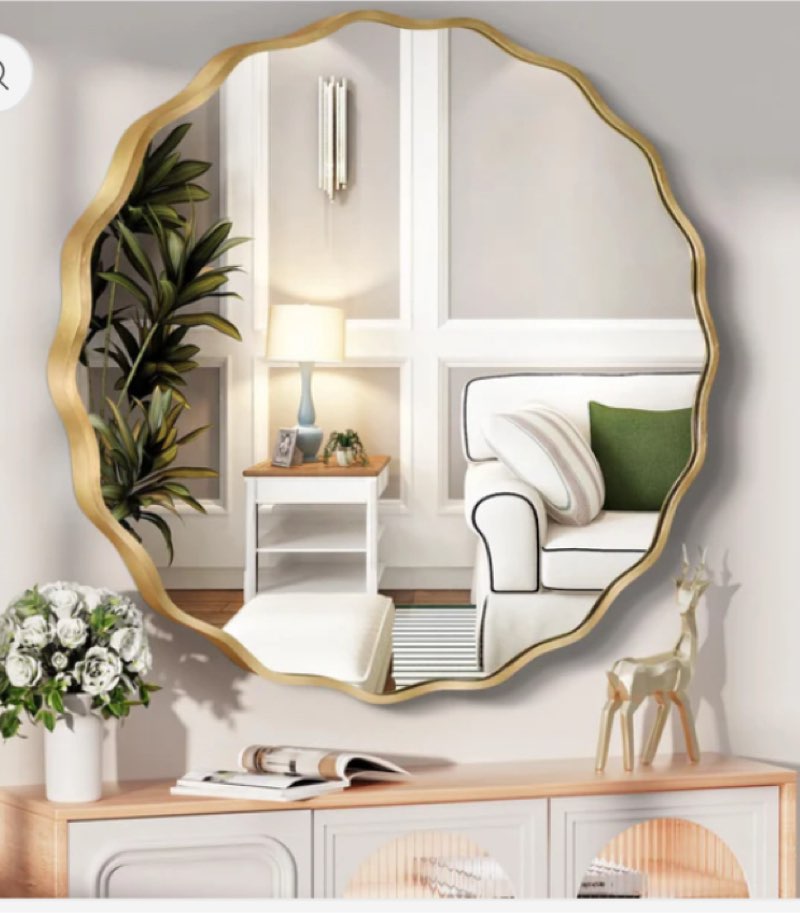 TEWLOSS Round Mirrors Wall Mirror 24" Wavy Mirror for Bathroom Gold Aluminum Alloy Framed