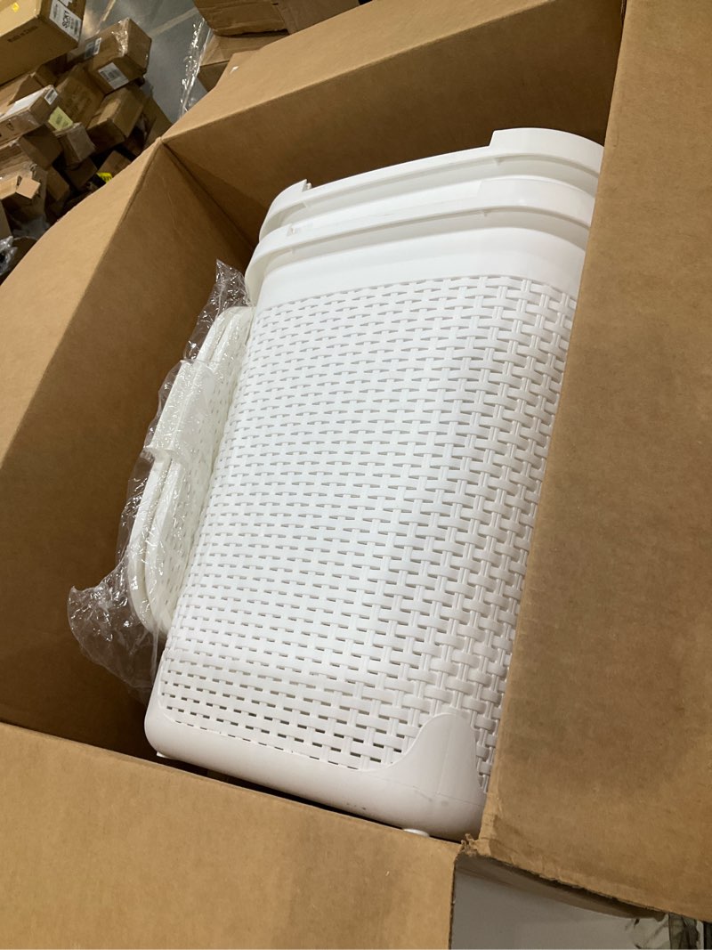 Condition photo showing Good Condition for mind reader 50l slim laundry hamper, clothes basket, lid, wicker design, plastic, 17.65"l x 13.75"w x 21"h, set of 2, white white 2-pack