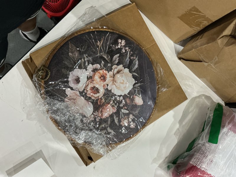 Condition photo showing New/Like New for uniro vintage floral framed wall art, black botanical flower round wall hanging decor, rustic antique cottagecore art prints room decor bedroom living room bathroom, 10x10 inch moody floral