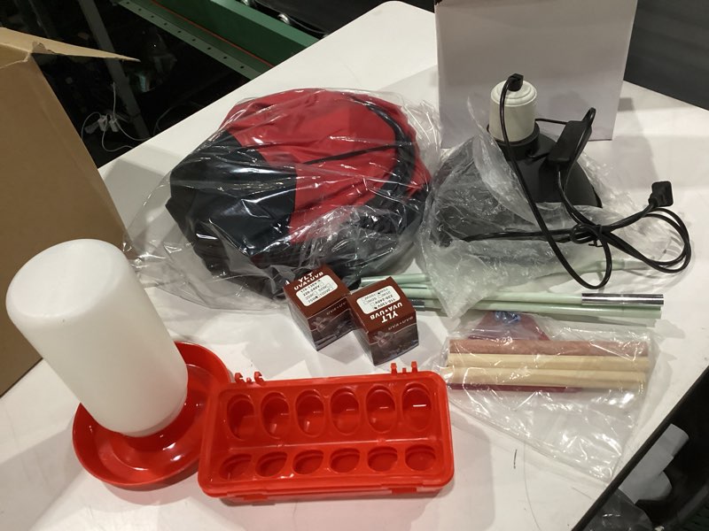 Condition photo showing New/Like New for chick brooder box, 7 pcs starter kit chicken feeder and waterer set with 75w heat lamp, perch stand to 15 chicks, duck, quail