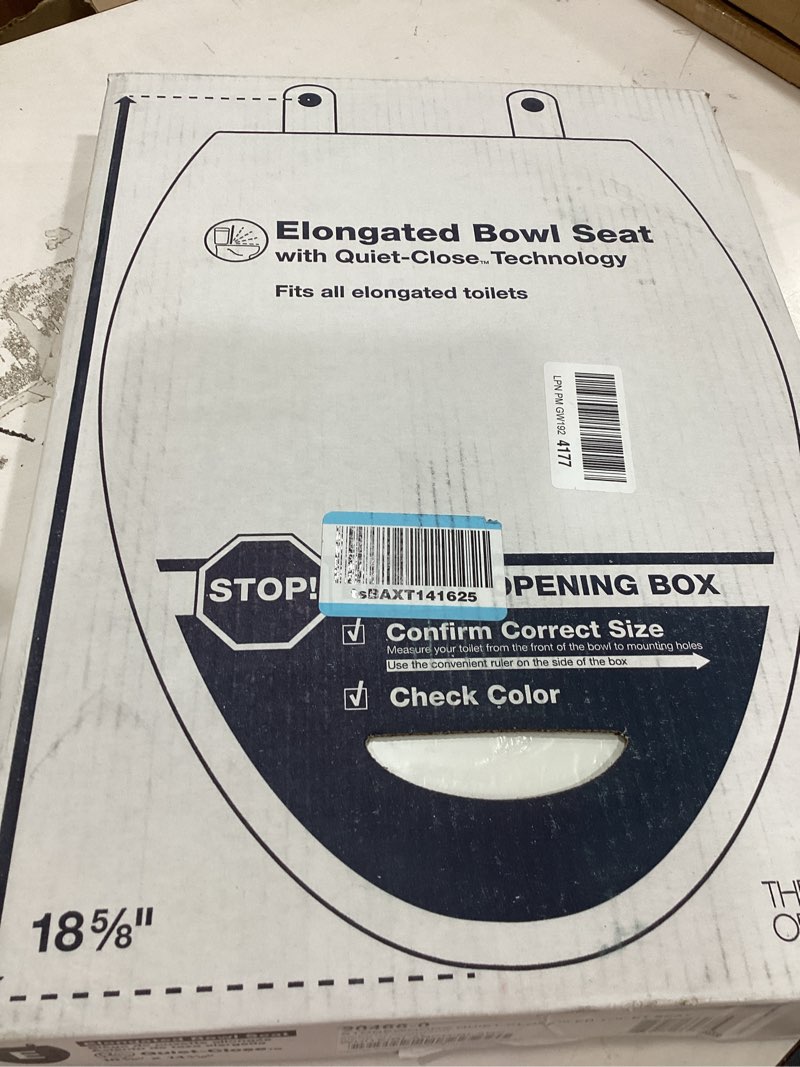 Condition photo showing New/Like New for kohler stonewood quiet-close, elongated toilet seat soft close, durable wood, easy installation, universal fit, home essentials, white finish, k-20466-0 white elongated double-hinge