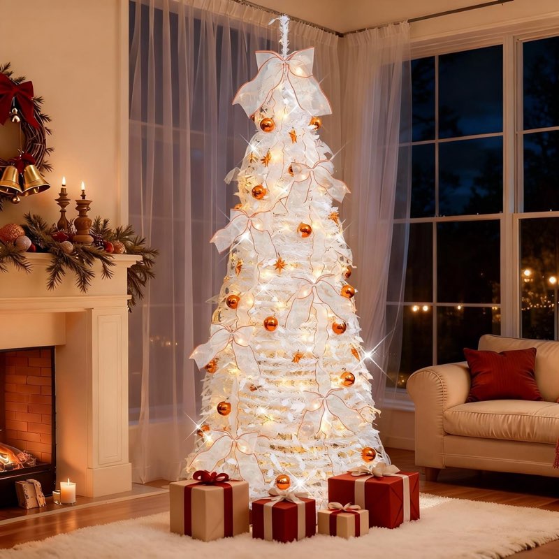 White Prelit Christmas Tree 7Ft, Artificial Christmas Tree with Lights, Pop up Foldable White Xmas T