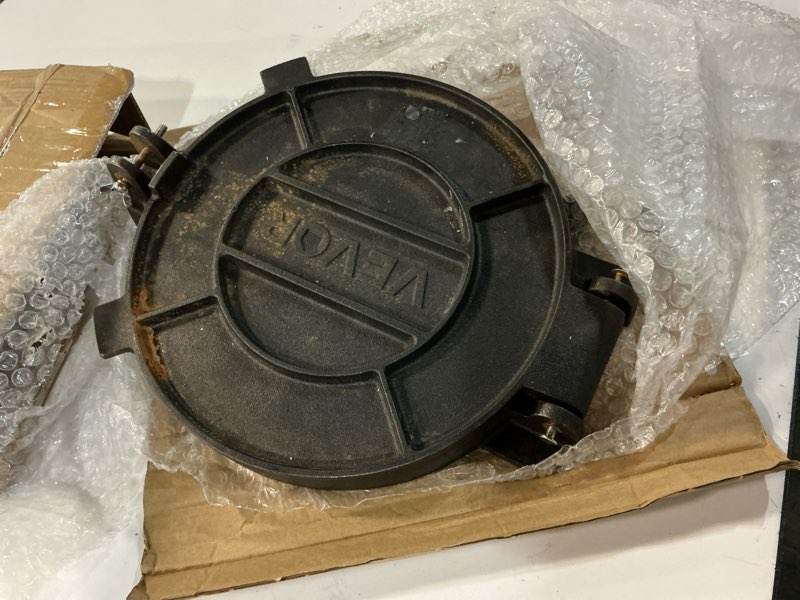 Condition photo showing As Is for vevor tortilla press, 10 inch tortilla and roti maker, cast iron heavy duty tortilladora press, pre-seasoned pataconera maker with 100 pcs parchment paper, dough maker for flour tortilla, tawa, silver 9.84 inches