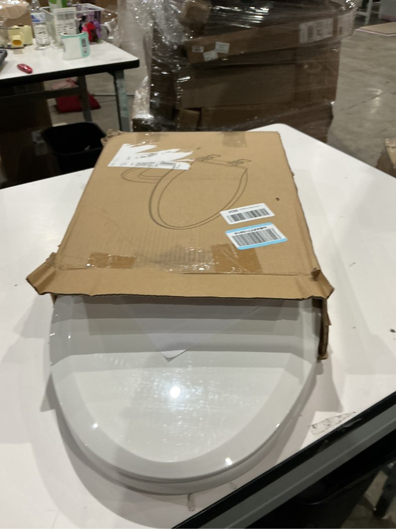Condition photo showing As Is for jingze elongated toilet seat slow close, quiet toilet seat cover with never loosen durable toilet seat lid easy to install & clean, polypropylene (pp), white elongated 18.5inch white