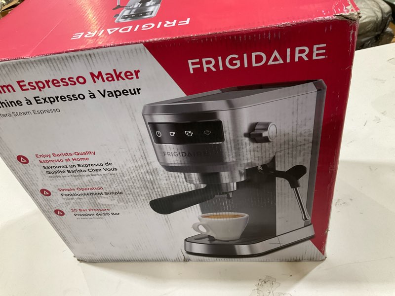 Condition photo showing New/Like New for Frigidaire Steam Espresso Maker, Coffee Machine with Milk Frother & Cup Warmer, 20 Bar Pressure, 34 oz Removable Water Tank, Single or Double Shot, Stainless Steel