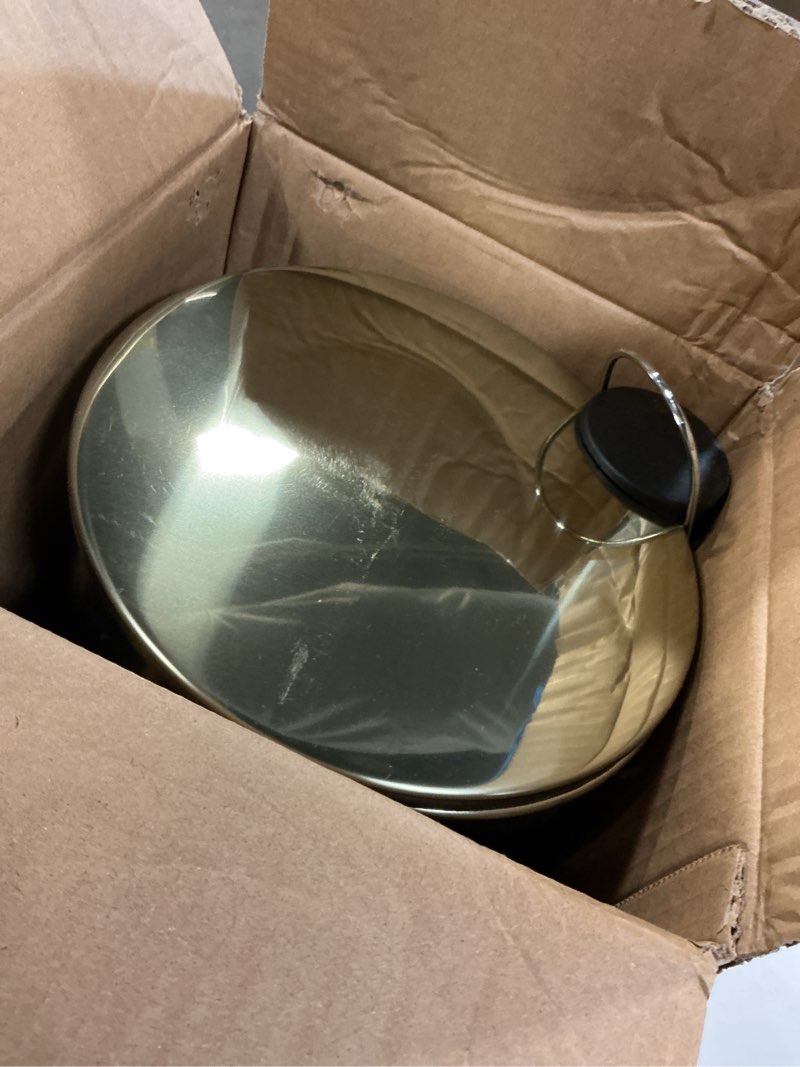 Condition photo showing Good Condition for mdesign metal 1.3 gallon/5 liter round step trash wastebasket, garbage container bin with lid for bathroom, powder room, bedroom, kitchen, craft room, office - removable liner bucket - soft brass