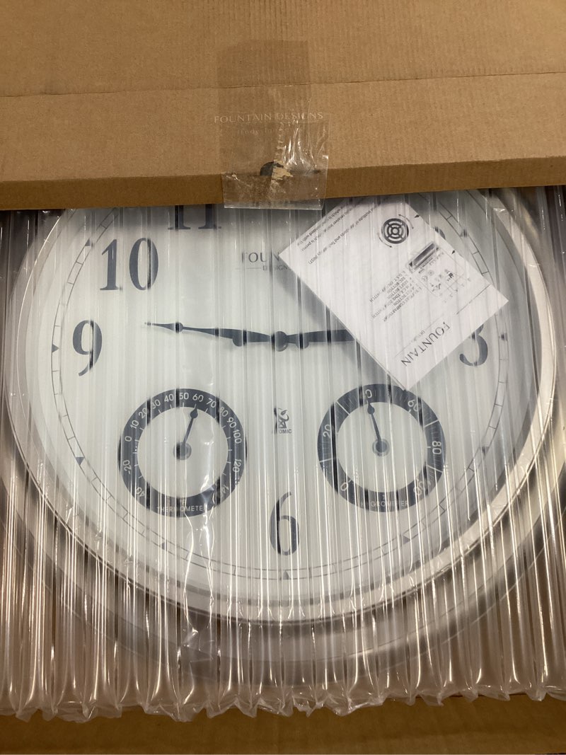 Condition photo showing New/Like New for 20" Evander Outdoor Atomic Clock with Thermometer & Hygrometer, 3 in 1 Weather Stations, Large Wall Clocks for Living Room Decor,Modern Farmhouse Home Decor (Morning Silver)