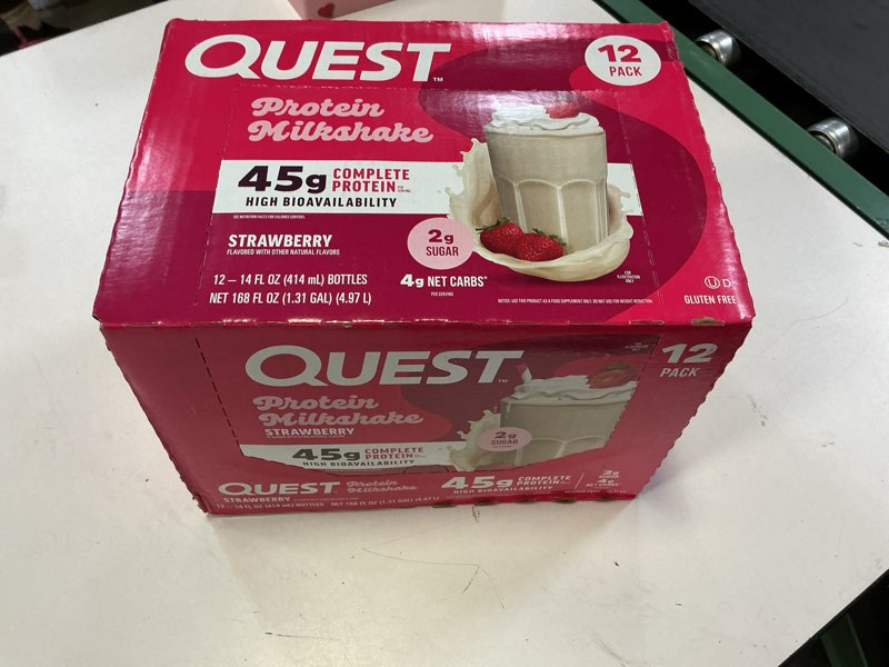Condition photo showing New/Like New for (Bb:03.22.26)Quest Nutrition Strawberry Protein Shake, 45g Protein, 2g Sugar, 4g Net Carbs, Ready to Drink, Gluten Free, 12 Count Strawberry 14 Fl Oz (Pack of 12)