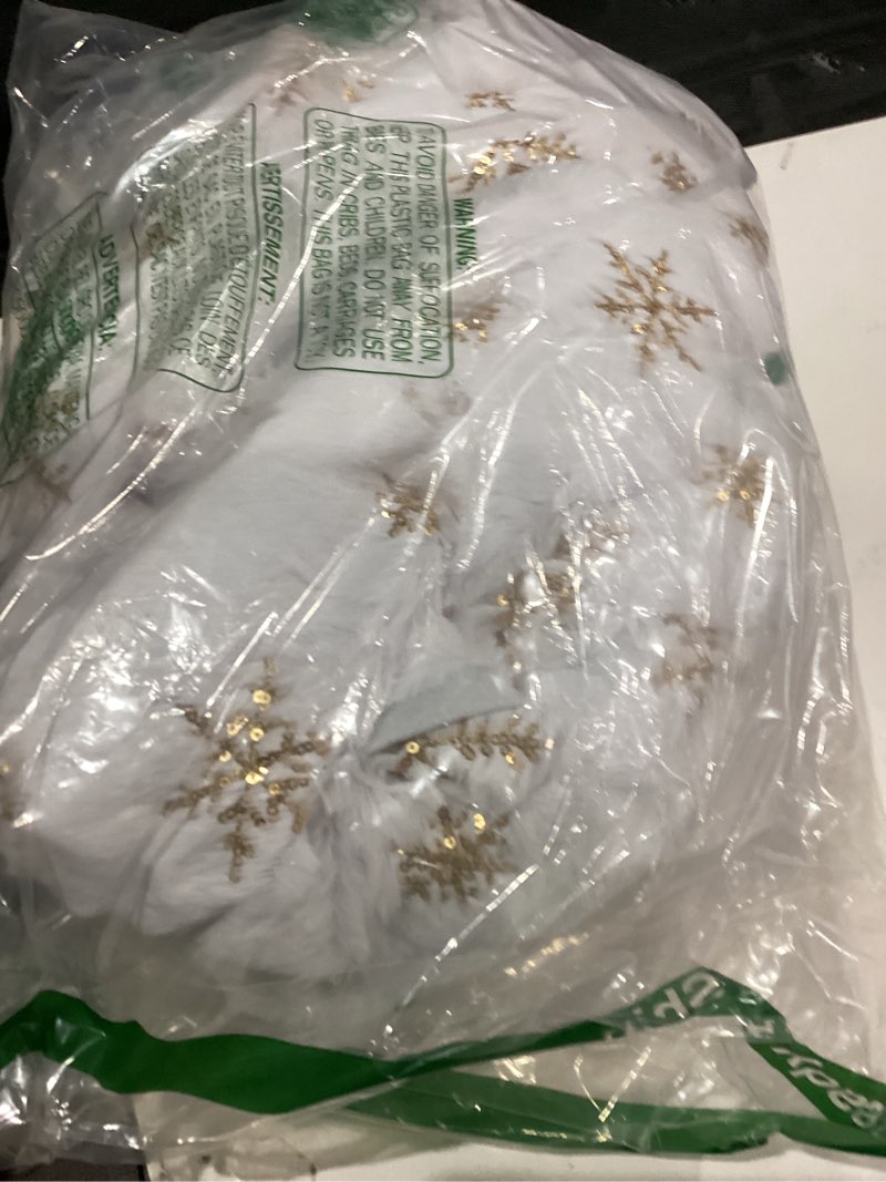 Condition photo showing As Is for 72 Inches Christmas Tree Skirt for Xmas Tree Holiday Party Decorations White Plush Gold Sequin Snowflake