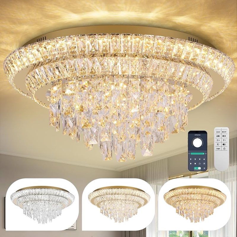 24 inch Flush Mount Crystal Chandeliers Gold, Modern Elegant LED Crystal Raindrop Ceiling Light Fixt