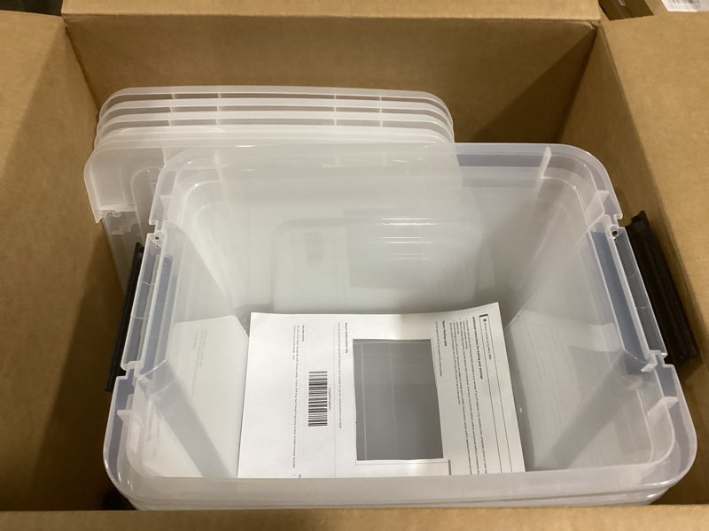 Condition photo showing Good Condition for IRIS USA 19 QT Plastic Storage Box with Lid and Latches - 6 Pack - BPA-Free, See-Through Organizing Solution, Durable Nestable Stackable Containers, Secure Pull Handle - Clear Clear 19 Qt 6 Pack