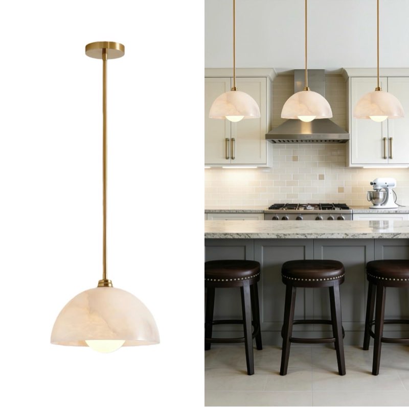 natural alabaster pendant lights kitchen island, d-12 inch white pendant lights fixtures, pendant lighting marble dome shade for dining room, living room, entryway (1-pack)