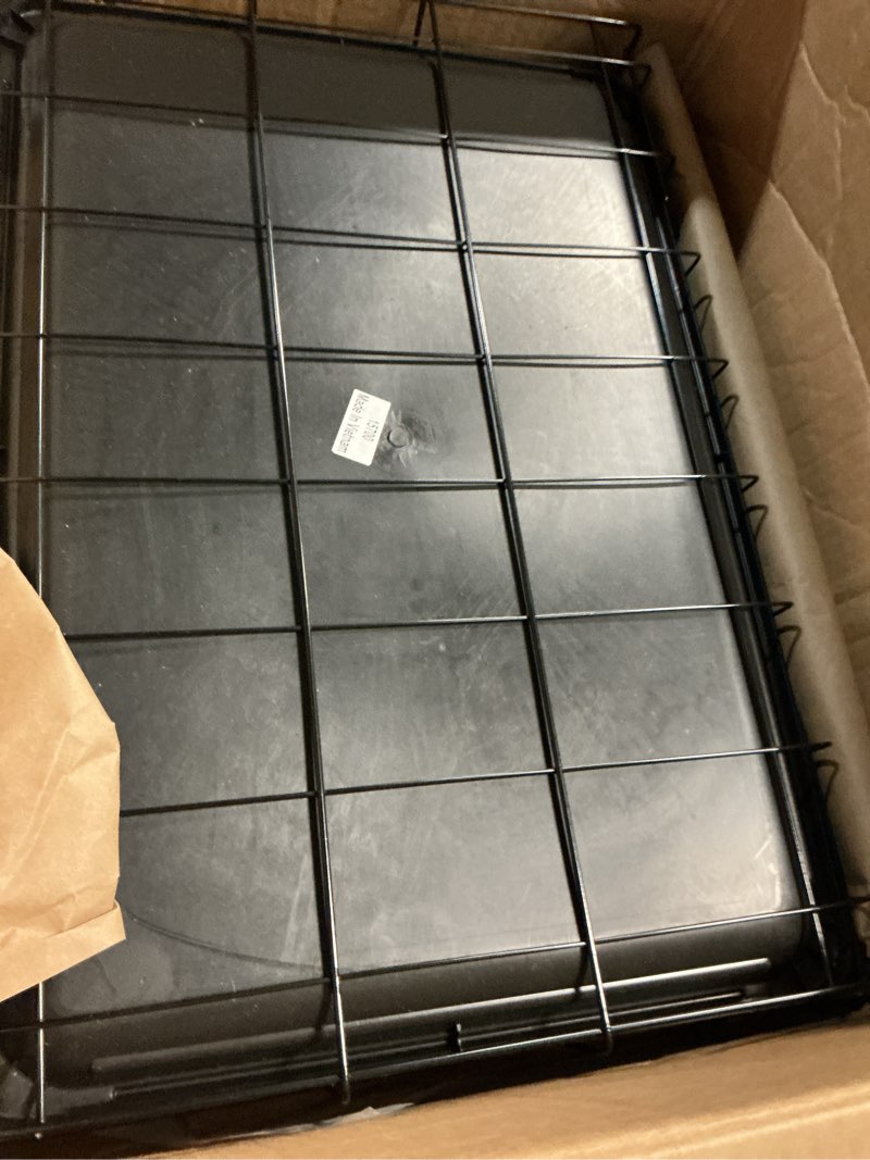 Condition photo showing As Is for fdw 24-inch dog crate for small dogs, double door folding metal wire pet kennel with divider panel & leak-proof plastic tray, black black 24 inch double door