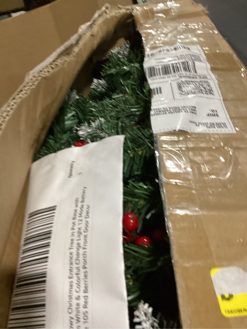 Condition photo showing As Is for 2Pack 4FT Outdoor Snowy Christmas Entrance Tree in Pot Base with Remote Timer 80 Warm White & Colorful Change Light 12 Mode Battery Operated 15 Pine Cone 105 Red Berries Porch Front Door Decor
