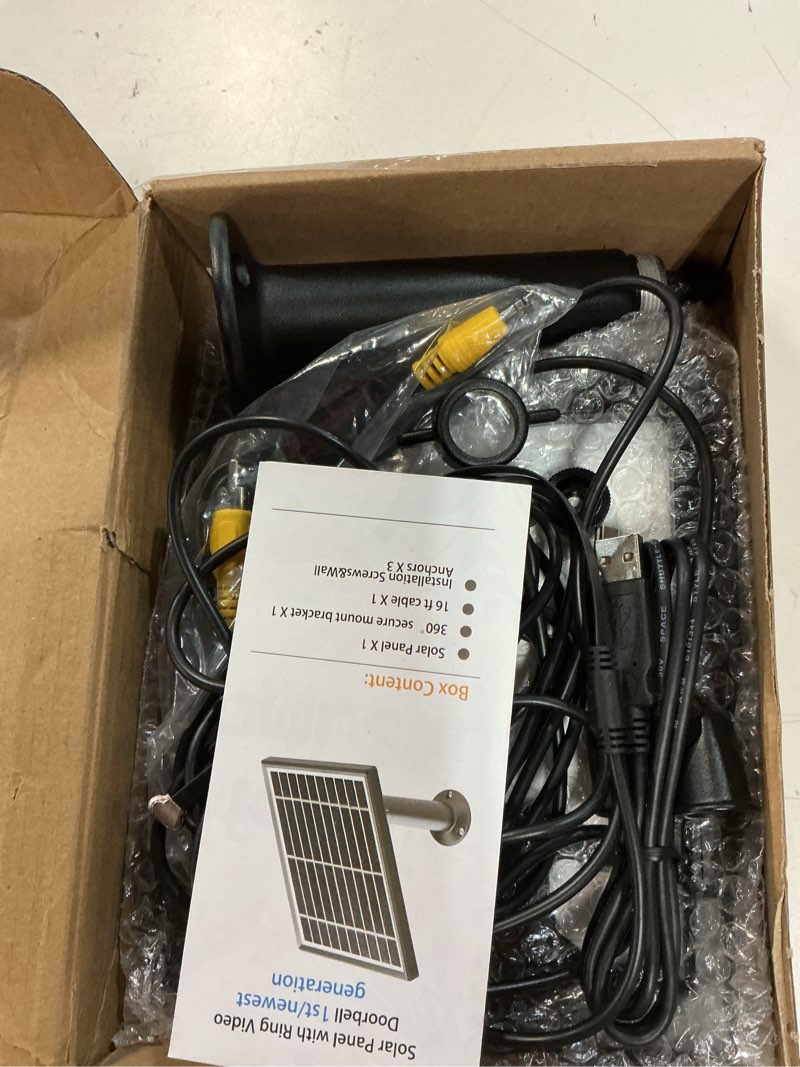 Condition photo showing As Is for solar panel compatible with video doorbell 1/newes generation(2020 release-1080p), waterproof charge continuously,5 v/ 3.5 w (max) output, includes secure wall mount,5.0m/16 ft power cable