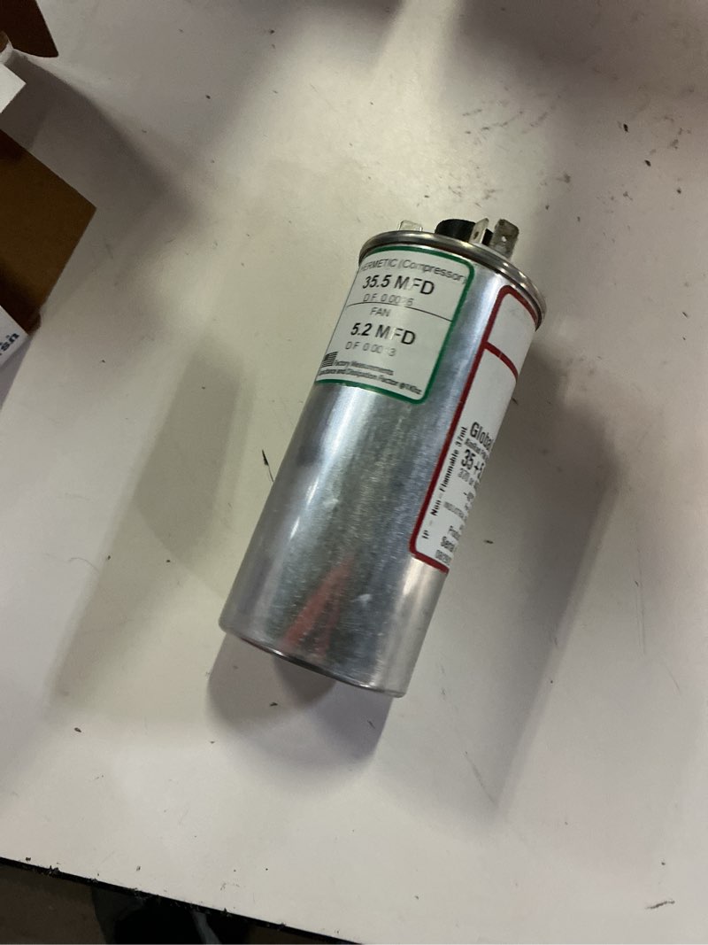 Condition photo showing As Is for usa2227 round usa-made motor run capacitor, 35/5 mfd, 370/440 vac-132339