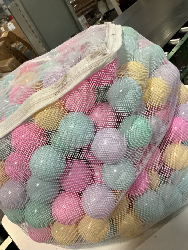 Condition photo showing As Is for amazon basics bpa-free ball pit balls with storage bag, crush-proof plastic for toddlers kids 12+ months play, 6 pastel colors, pack of 400