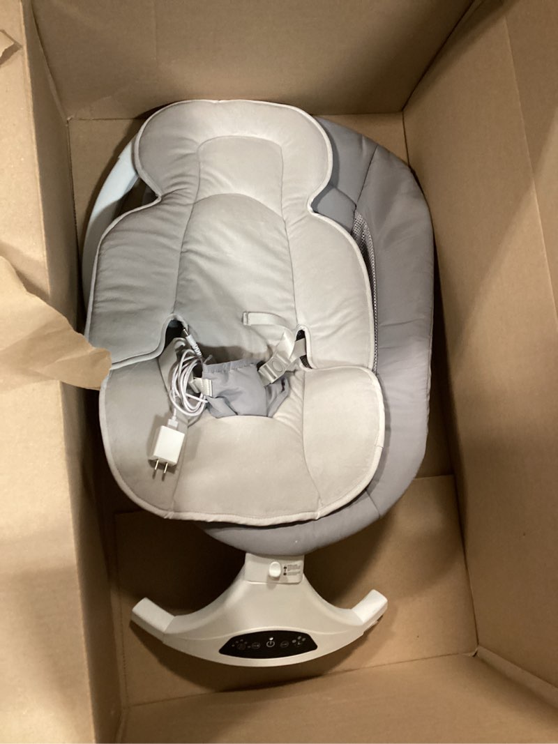 Condition photo showing As Is for electric baby swing with remote control,5 speeds&portable&cozy(0-12m,grey) | safety lock&secure harness,12 melodies&bluetooth,8/15/30min timer,lightweight indoor/outdoor,soft washable seat,easy assembly