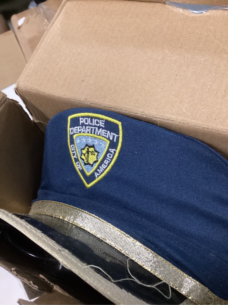 Condition photo showing Good Condition for dress up america police costume for kids – realistic cop uniform with shirt, pants, hat & accessories - halloween costume small