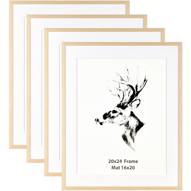 yaetm 20x24 picture frame with mat for 16x20 set of 4, natural solid oak wood frame for wall gallery, photos, posters & art prints, horizontal and vertical wall mount (4 pack, oak)