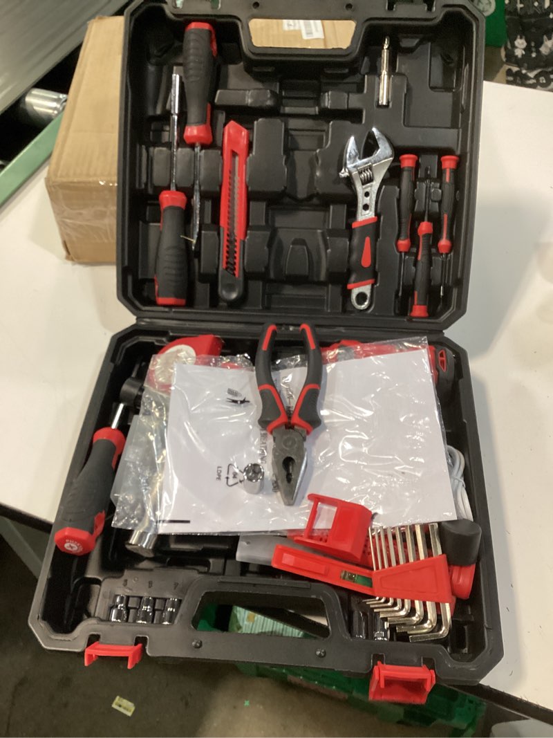 Condition photo showing As Is for tool set - 8v cordless drill set, 132 piece home tool set with hand drill, tool kit for women & men, perfect for homeowner, diyer, handyman red