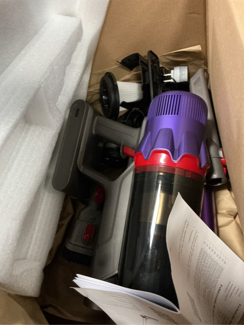 Condition photo showing As Is for cordless vacuum cleaner for home - powerful stick vacuum with hepa filter, 55-min runtime, led light, anti-tangle brush, detachable battery,lightweight vacuum for pet hair,carpets & hard floors purple