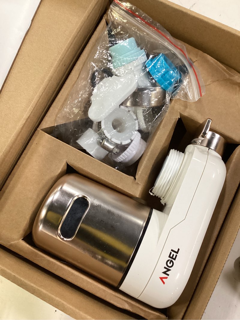 Condition photo showing As Is for angel cf30 water filter for sink faucet, faucet mount water filtration system, reduces 98% chlorine, lead & rust, sgs tested, easy install, 350 gallons long-lasting for kitchen & bathroom (rose gold)