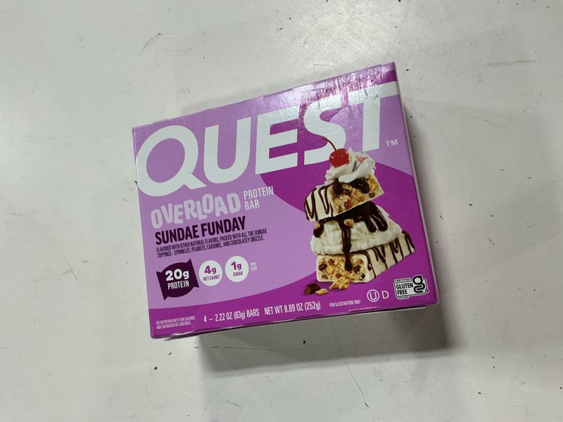 Condition photo showing New/Like New for (best by 06/19/26) quest nutrition overload protein bars, sundae funday, 20g protein, 1g sugar, 4g net carbs, gluten fr