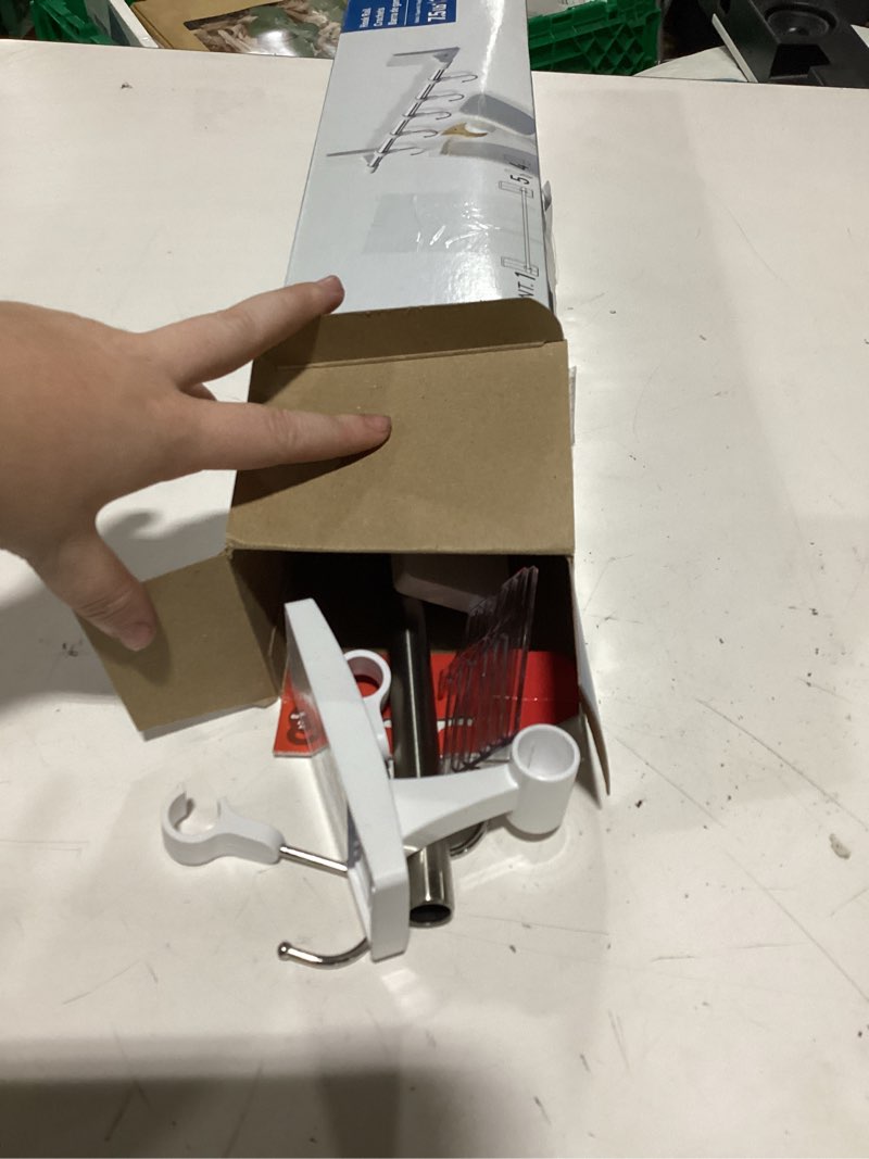 Condition photo showing New/Like New for command bath multi-hook rod, white & nickel, 1 rod, 5 hooks, 4 large strips, holds 7.5 lbs