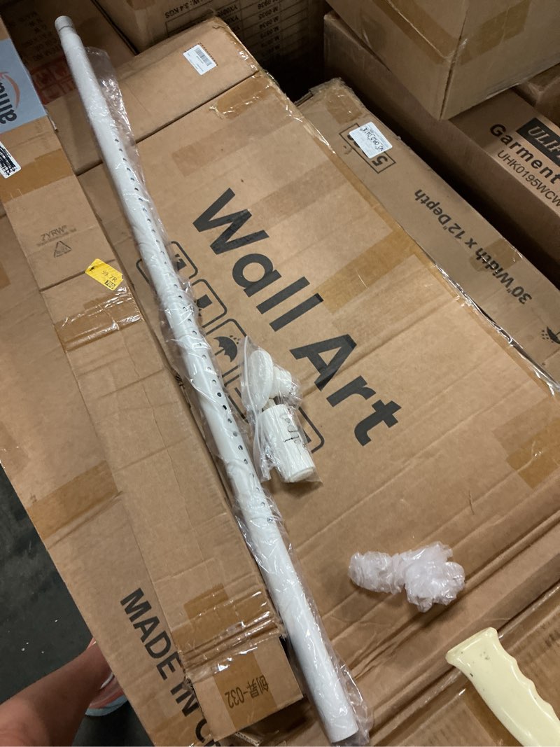 Condition photo showing As Is for white shower curtain rod 51-86 inch, adjustable tension rod no drilling for window or bathroom closet, outdoor curtain rod for patio, easy to install, never rust, rod diameter 1.26 inches-white white 51''-86''