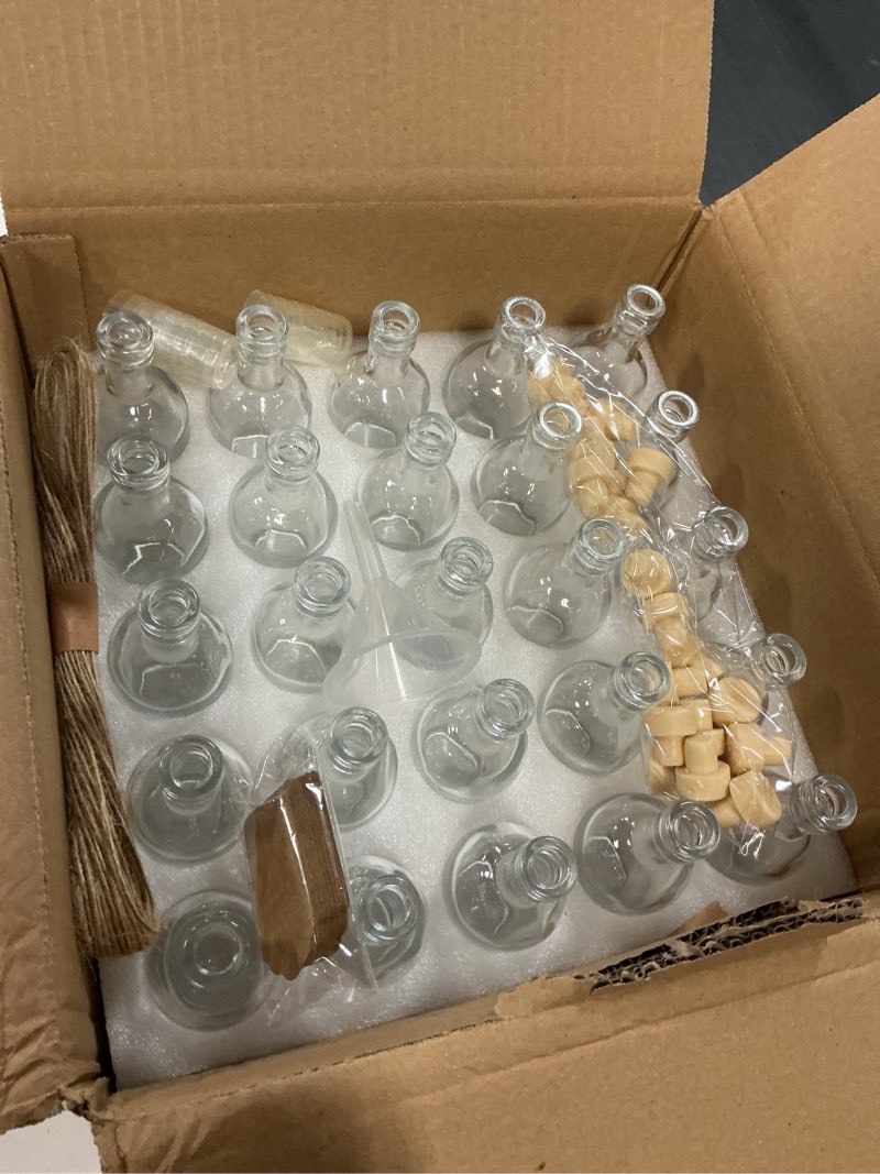 Condition photo showing New/Like New for 25 pcs 1.7oz mini glass liquor with lids small glass wine bottles reusable empty alcohol bottles for christmas birthday weddings party favors (50ml25pc)