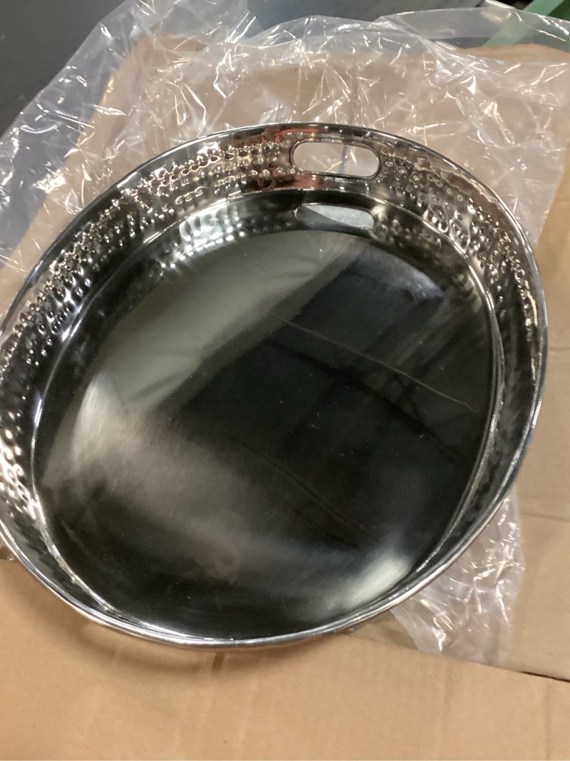Condition photo showing New/Like New for monarch abode serving tray with handles – 17-inch hand hammered metal platter for living room, black
