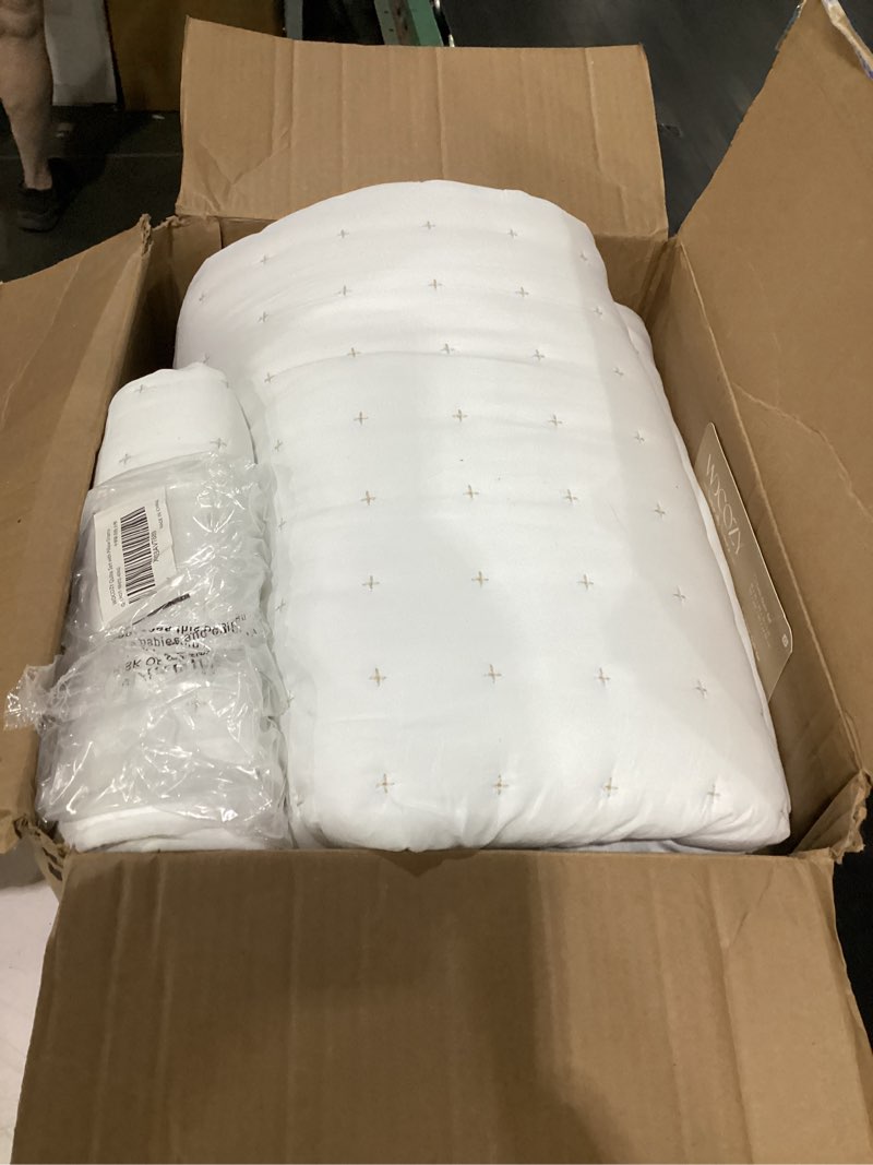Condition photo showing As Is for wdcozy white king size quilt bedding sets with pillow shams, lightweight soft bedspread coverlet, quilted blanket thin comforter bed cover, all season summer spring, 3 pieces, 104x90 inches white (gold cross stitching) king