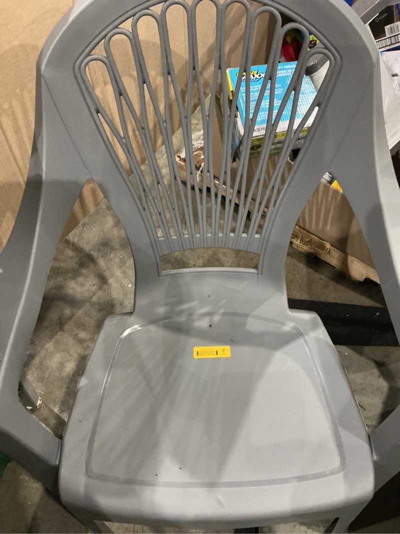 Condition photo showing As Is for adams patio stackable charcoal resin frame stationary conversation chair with solid seat