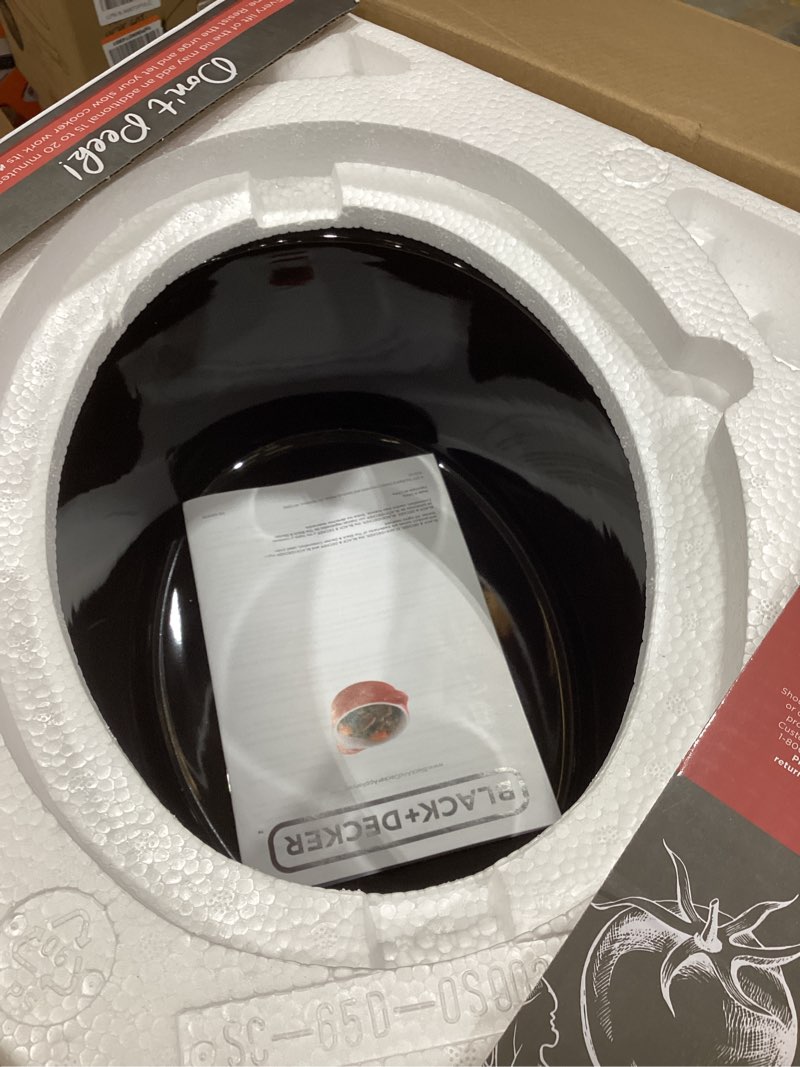 Condition photo showing As Is for black+decker 7-quart slow cooker, scd4007, chalkboard exterior, locking lid, 3 heat settings, removable stoneware crock standard slow cooker