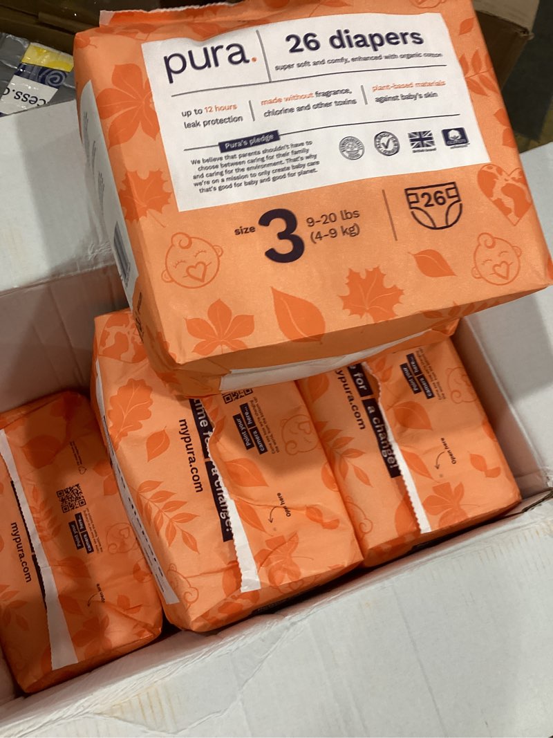 Condition photo showing Good Condition for pura hypoallergenic diapers, size 3 (9-20 lbs) monthly pack, overnight, up to 12 hours leak protection, suitable for sensitive skin, tcf, super soft organic cotton, 6 packs of 26 (156 baby diapers) size 3 (156 diapers)