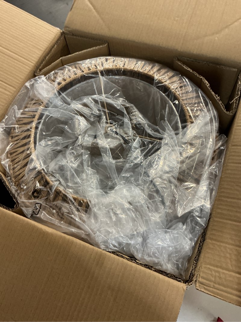 Condition photo showing New/Like New for Farmhouse Chandelier Light Fixture, 5-Light Rattan Boho Chandeliers for Dining Room, Hand Woven Pendant Light with Linen Shade, Rustic Hanging Lighting for Kitchen Island, Bedroom (Bulb Not Included) Bohemian