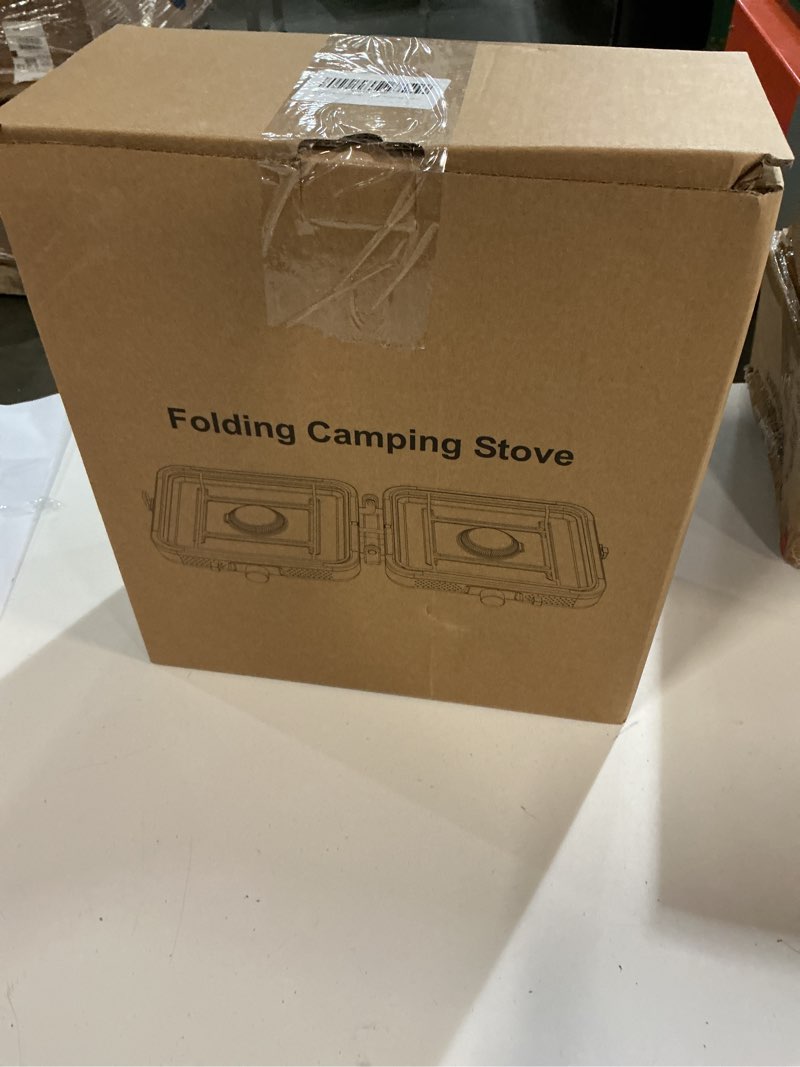 Condition photo showing New/Like New for 2-Burner Foldable Camping Stove with Griddle and Carrying Bag, Portable Propane Camp Stove with 2 Adjustable Burners & Piezo Ignition for Camping Tailgating Essentials Gear Green