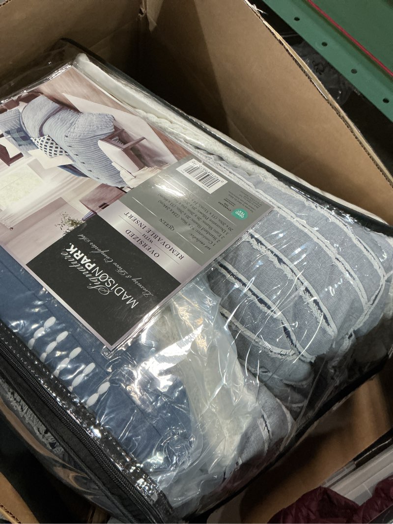 Condition photo showing Good Condition for Madison Park Queen Comforter Cotton Clipped Jacquard, Oversized Comforters Queen Size Bed, All Season Down Alternative Overfilled Queen Size Comforter, Essence, Full/Queen, Blue 8 Piece Blue Queen