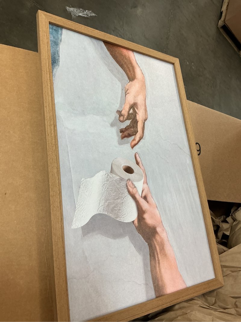 Condition photo showing Good Condition for funny bathroom wall art, the creation of adam toilet paper canvas print with wood frame, classic masterpiece parody humor poster for restroom guest bath washroom decor ready to hang ?16x24 in? gray 16"l x 24"w