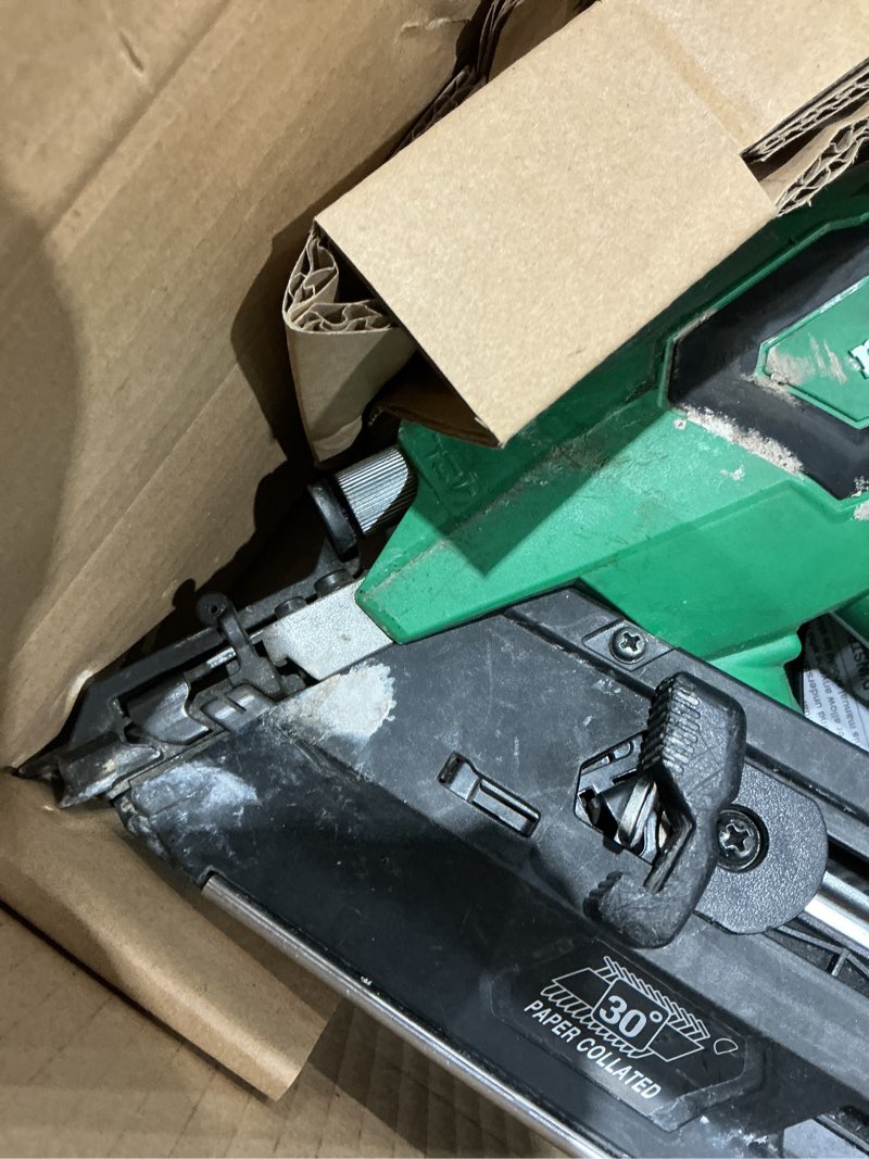 Condition photo showing As Is for metabo hpt 18v multivolt cordless 30° paper tape framing nailer kit, 3-1/2" framing nailer, power tool with 4.0ah lithium ion battery, drives 2" to 3-1/2" nails, powerful brushless motor, nr1890dca