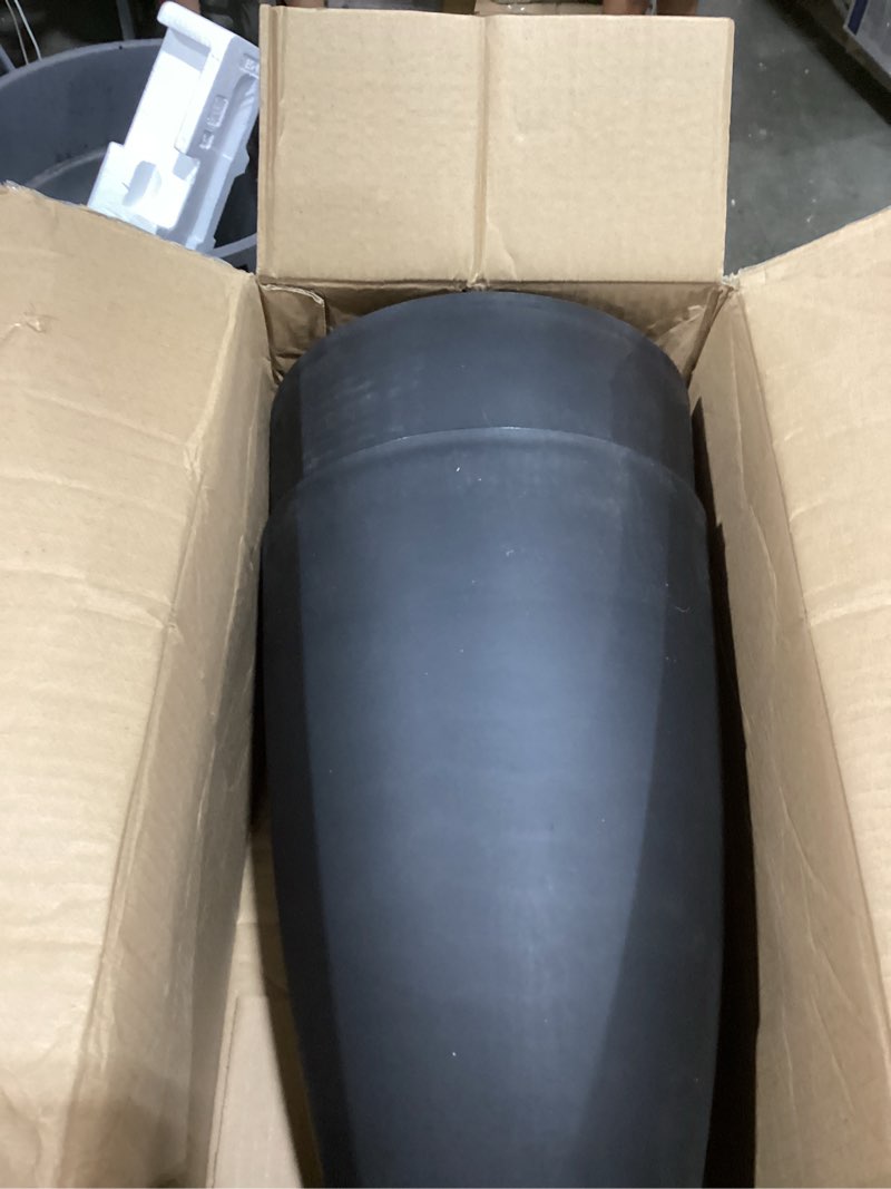 Condition photo showing As Is for 2 pack 14 inch tall planters for outdoor indoor plants, black round resin plant flower pots with drainage hole for front porch patio garden deck living room decor