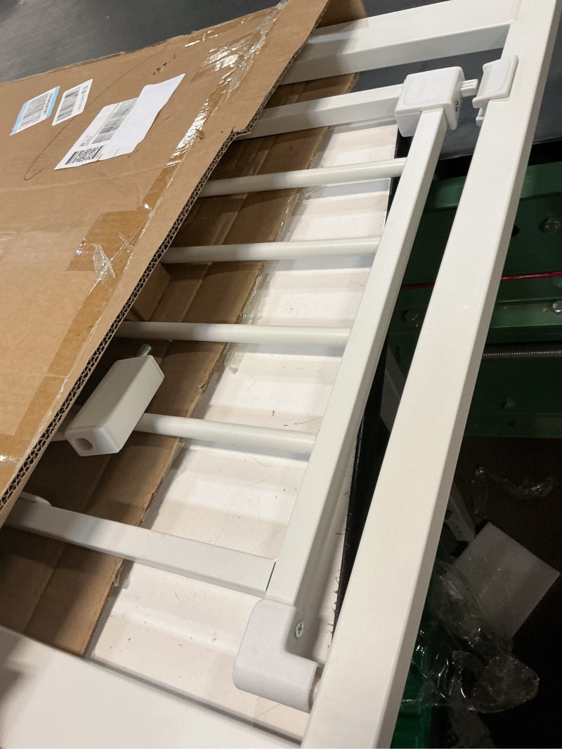 Condition photo showing As Is for babelio baby gate for doorways and stairs, 26-31" pet gate with wide walk thru door and lock indicator, no drill pressure mounted safety gate with double lock and self-closing, white white 26-31"w, 30"h